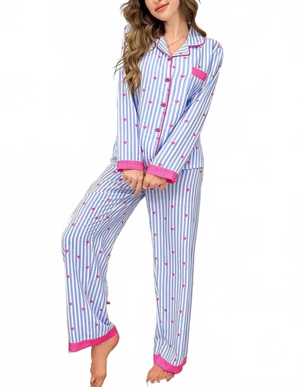 NEW ROSA CLOTHING heart print long sleeve loungewear set in blue